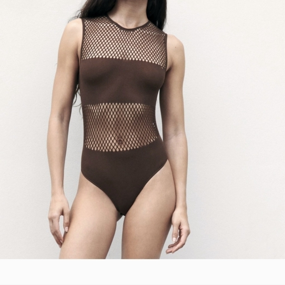 Zara Brown Mesh Panel Bodysuit